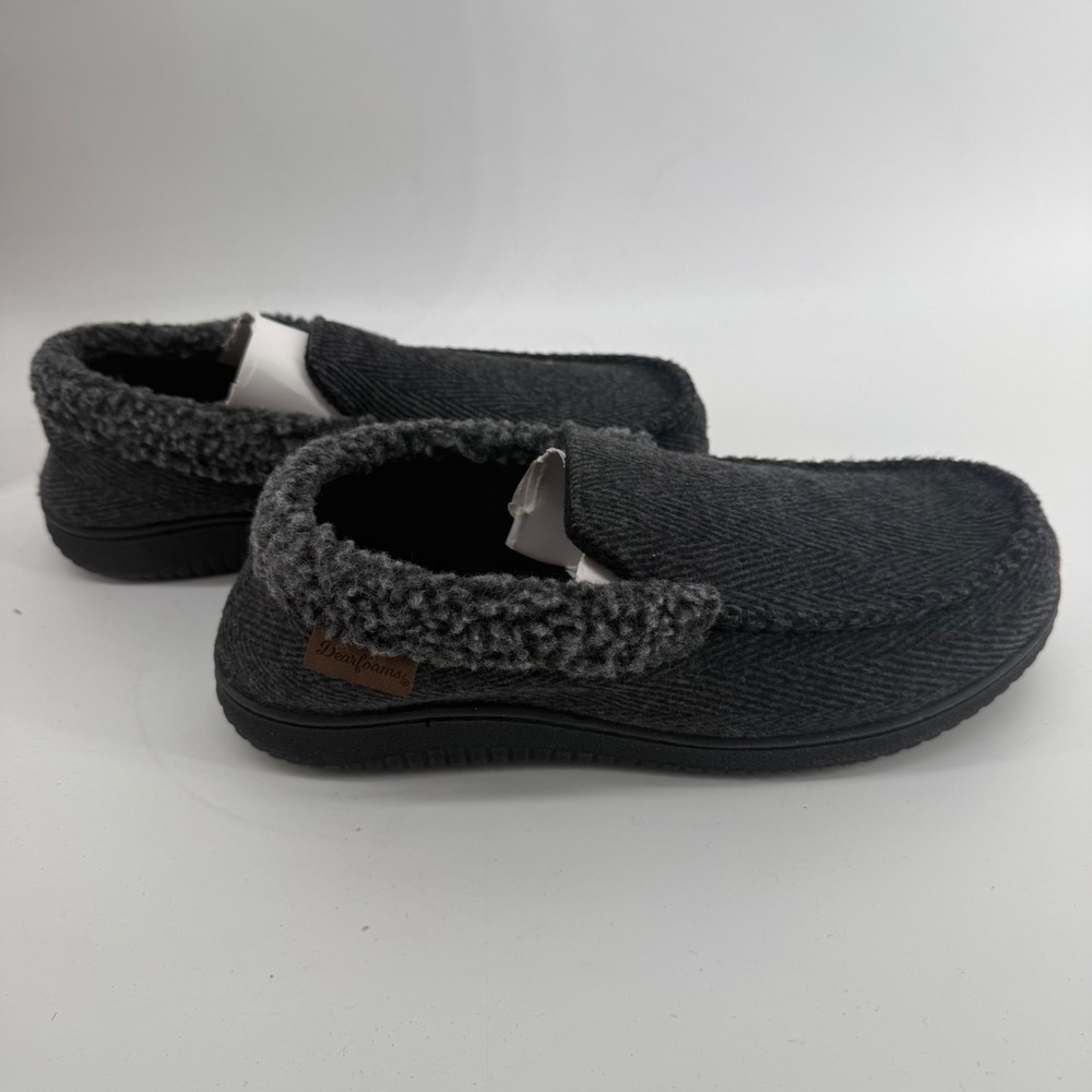 Dearfoams Mens Memory Foam Moccasin Slippers ‎ Grey Herringbone Size M 9-10